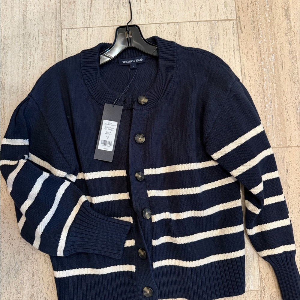 Veronica Beard Navy & Cream Striped Button Cardigan